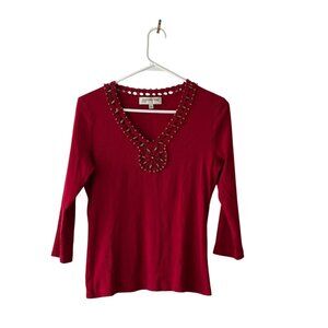 Vintage Jones New York Sport Red Embellished Neck 3/4 Sleeve Ribbed Top Size M